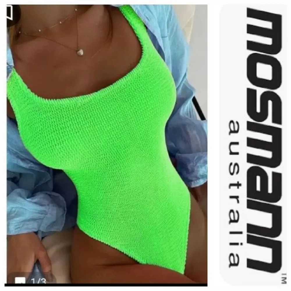 Mosmann Australia Women's Green neon ribbed square Neck One Piece Swimsuit M